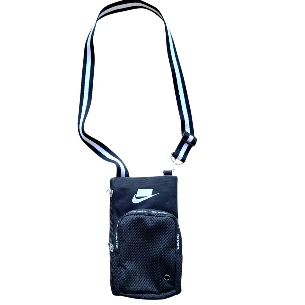 Nike Sports Nylon Mesh Black Crossbody Pouch Adjustable Straps Pockets Bag